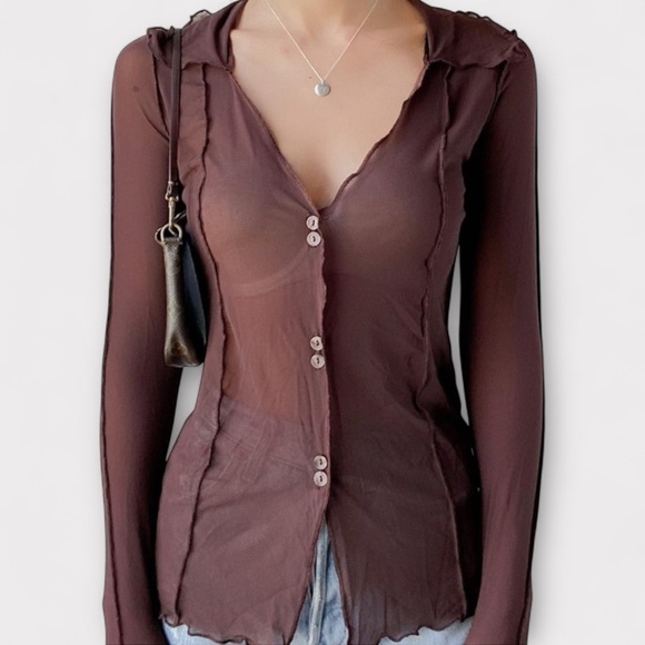 Urban Outfitters Tops - Urban Outfitters Mesh Sheer Chocolate Brown Button Top XS